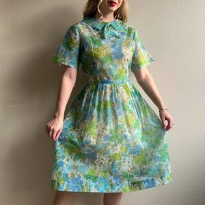 Vintage 1950s Sheer Blue and Green Floral Print Dress (L)
